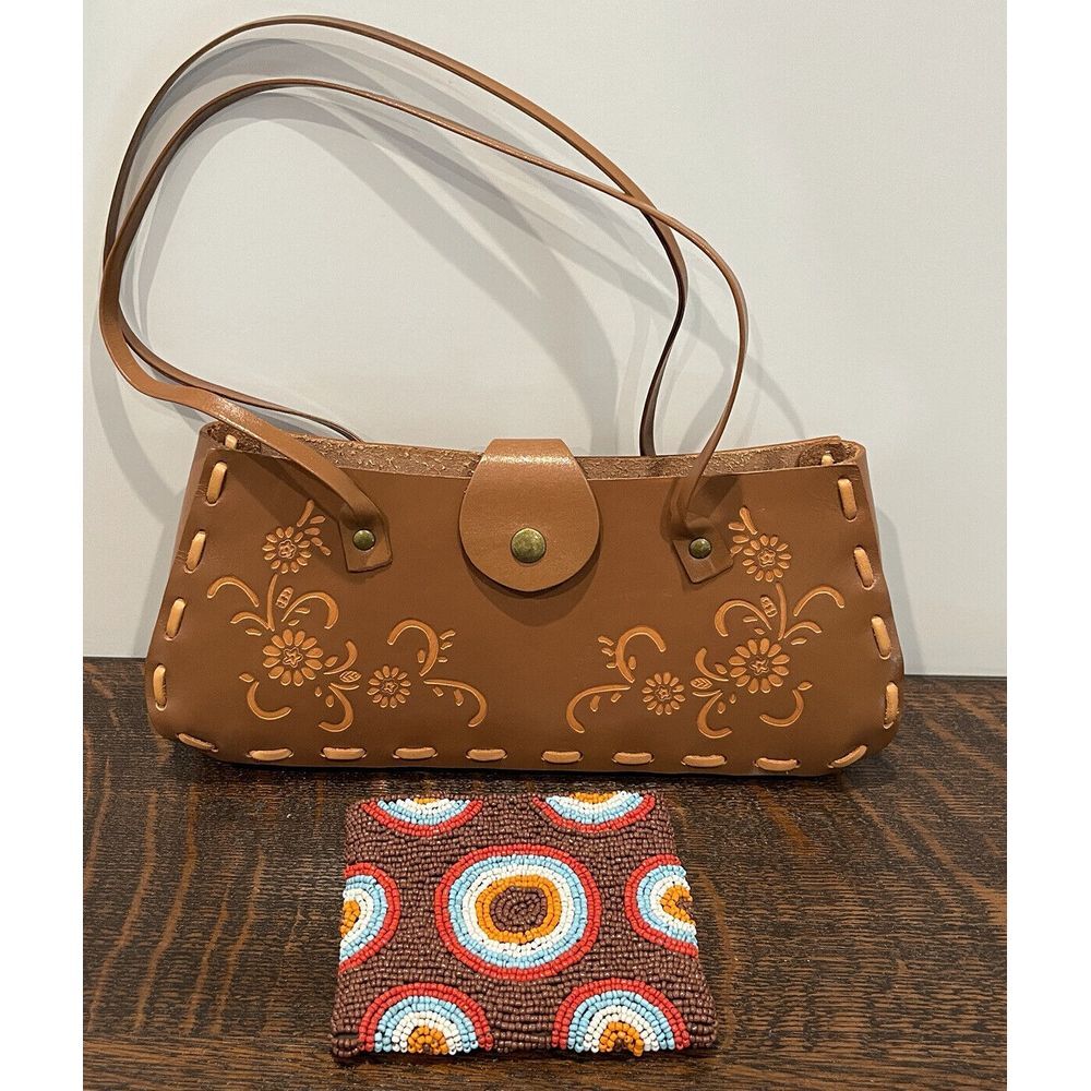Shoulder Handbag w Coin Purse 11x4.5 Inch Leather Handmade Flowers Design Beaded